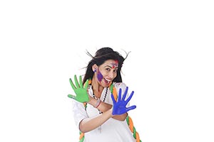 Indian Woman showing Colour hands Holi festival Fu
