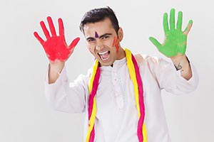 Shouting Man showing Colour hands Holi festival Fu