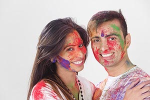 Indian Couple Holi Celebrating Enjoy Smiling