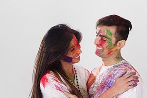 Happy Couple Holi Celebrating Enjoy Hugging Romanc