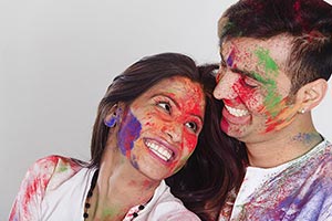 Couple Holi Celebrating Enjoying Smiling Romance