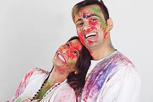 Indian Couple Holi Celebrating Fun Smiling Romance