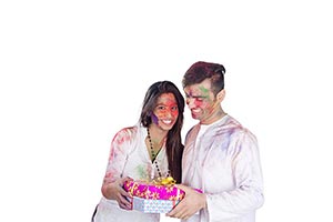 Happy Couple Holi Celebration Receiving Gift s Enj