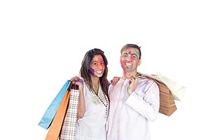 Indian Couple Holi Celebration Shopping Bags Smili