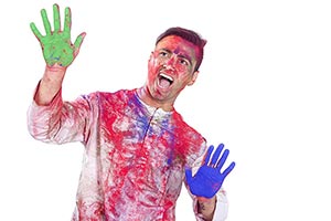 Shouting Man showing Colour hands Holi festival Fu