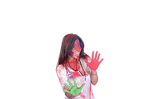Woman showing colourful palm celebrating holi Exci