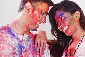 Indian Couple Holi Celebration Enjoy Romance Smili