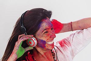 Lady Holi Celebration Hearing music headphone Fun 