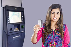 Woman Credit Card ATM Machine
