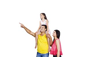 Parents Father Carrying Daughter Shoulders Pointin