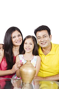 Parents Daughter Putting Coin Money Piggybank