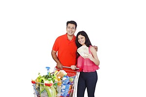 Filled Food Shopping Trolley Money Showing