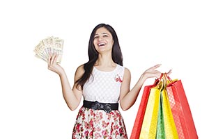 Indian Woman Holding Shopping Bags Money