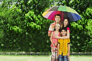 Parents Children Using Umbrellas Protect Rain
