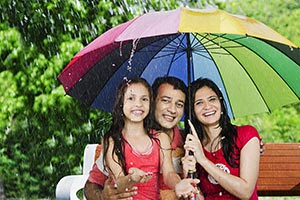 Parents Daughter Sheltering Rain Under Umbrella