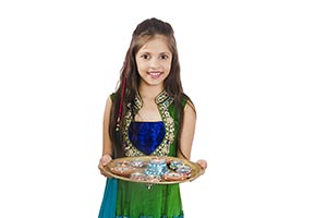 Little Girl Holding Plate Oil Lamps Diwali