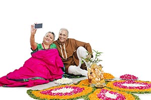 Old Couple Rangoli Diwali Taking Selfie