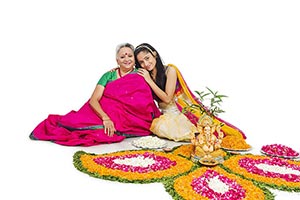 Grandmother Granddaughter Rangoli Decorating Diwal