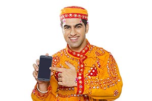 Gujrati Men Showing Quality Smartphone Pointing