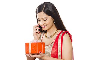 Woman Diwali Receiving Gift Talking Phone