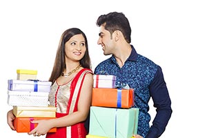 Indian Couple Stack Gift Diwali Celebrating