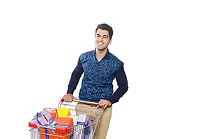 Indian Man Shopping Cart Gift Boxes Diwali