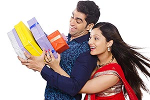 Woman Snatching Gift Husband Diwali Celebrating