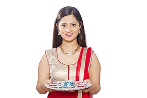 Indian Woman Plate Diya Diwali Celebrations