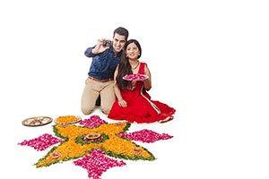 Couple Taking Selfie Together Diwali Rangoli