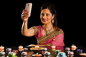 Woman Taking Selfie Diyas Diwali Festival