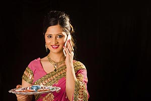 Indian Woman Diwali Diyas Talking Phone