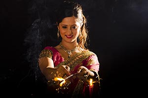Woman Burning Fire Crackers Diwali Festival
