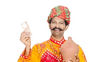 Gujrati Man Saving Money Piggybank