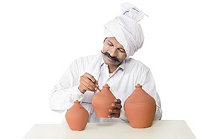 Farmer Man Inserting Coin Piggybank