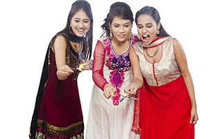 Girls Burning Fire Crackers Diwali