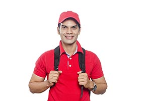 Indain Delivery Man Courier Holding Backpack