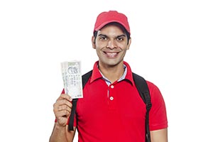 Delivery Man Showing Indian Rupee Notes