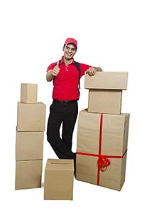 Delivery Man Cardboard Boxes Gesturing Thumbsup
