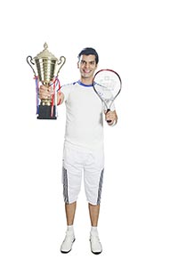 Men Tennis Player Holding Winners Trophy