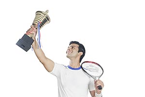 Tennis Sportsman Holding Victory Trophy Celebratin
