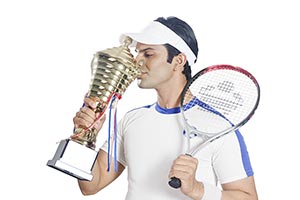 Sports Man Tennis Player Kissing Trophy