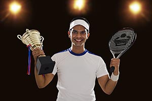 Tennis Player Court Celebrates Championship Trophy
