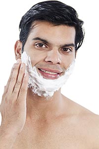 Portrait Handsome Man Applying Shaving Cream Face